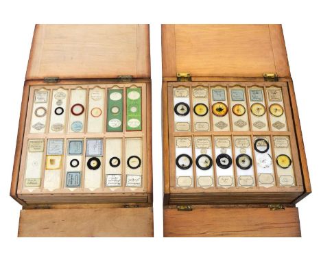 192 boxed microscope slides Two wooden cases of 192 microscope slides in trays by various makers including Fred Enoch, E. Whe