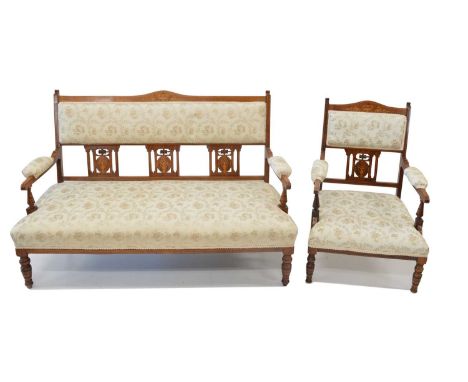 Edwardian two-piece salon suite Edwardian two-piece salon suite with rosewood frame, comprising single chair and sofa, each w