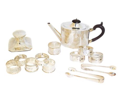 A selection of silver and plated ware, A selection of silver and plated ware, to include a Victorian teapot, inkwell, napkin 