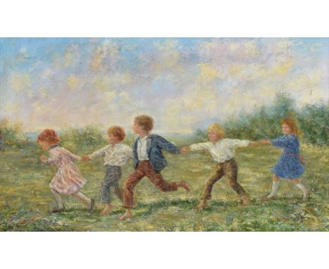 Thomsen (19th/20th century) Children playing in a field Signed, oil on canvas.44cm x 74.5cm (17.25in x 29.25in)The painting i
