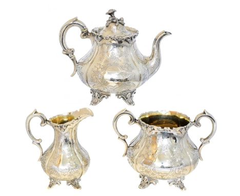 A Victorian three piece silver tea set, A Victorian three piece silver tea set, JM, Glasgow, 1858, together with a silver pla