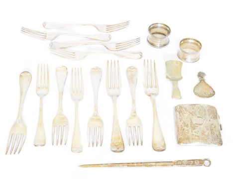 A selection of silver, A selection of silver, to include twelve silver forks, together with a cigarette case, napkin rings, c