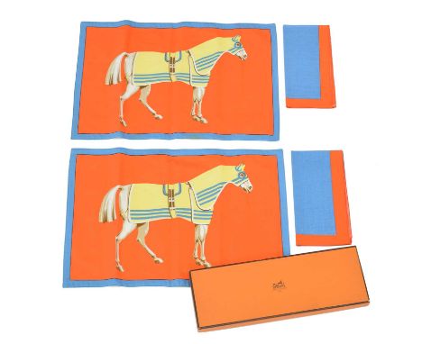A selection of Hermès tableware, A selection of Hermès tableware, to include two cotton placemats depicting racehorses, toget