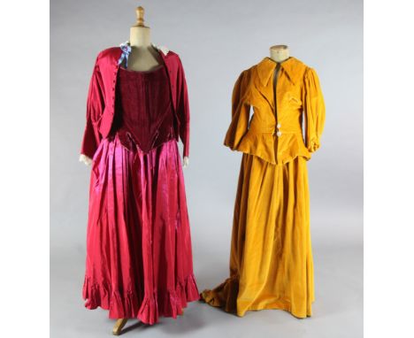 La Bohème: A rail with a mustard velvet bodice and skirt, rust coloured embroidered bodices and skirts, coats and jackets, et
