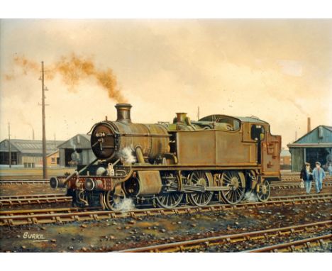 PATRICK BURKE OIL PAINTING ON BOARD Tank engine No 6134 with sheds beyond Signed 9 1/2" x 13 1/4" (24 x 33.5cm)