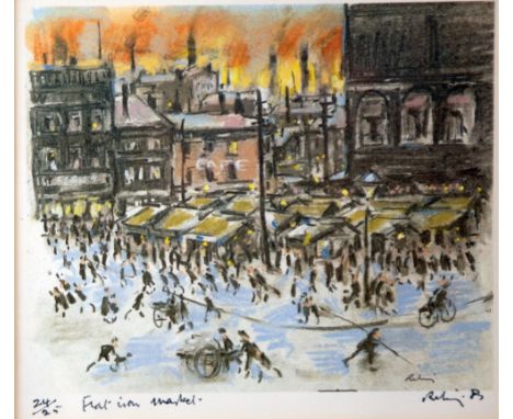HAROLD RILEY (b. 1934) TWO ARTIST SIGNED LIMITED EDITION COLOUR PRINTS 'Flat Iron Market, Salford' Signed, numbered 24/25 and