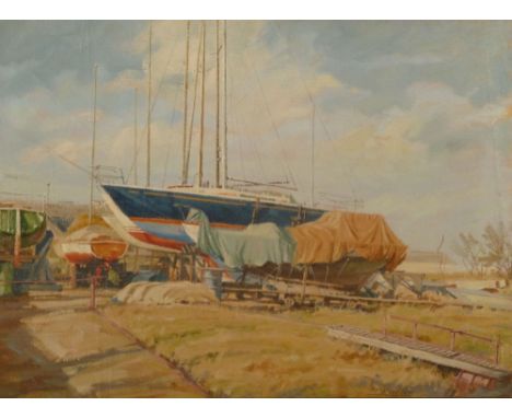 R. MOSELEY (Modern) OIL PAINTING ON CANVAS A dockyard with sailing craft Signed and dated 1980 lower right 20" x 27" (51 x 68