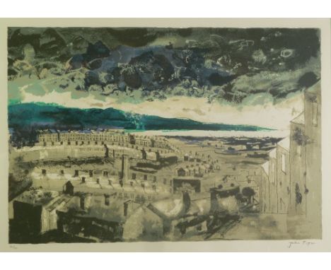 •JOHN PIPER (1903 - 1992) ARTIST SIGNED LIMITED EDITION COLOURED LITHOGRAPH Coastal town with docks in the distance  Signed a