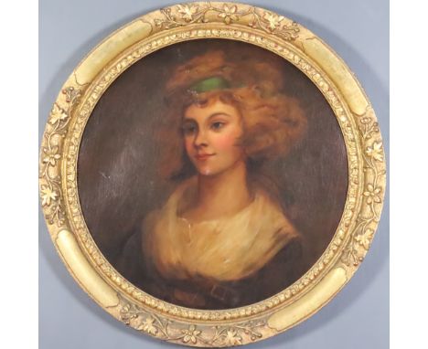 Style of Sir Thomas Lawrence (1769-1830) - Oil painting - Shoulder length portrait of a young woman, relined canvas 23.5ins d