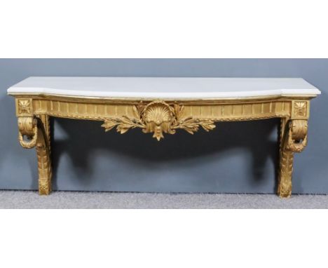 A Late 19th Century French Gilt Wood Bow and Breakfront Wall Mounted Console Table of "Louis XVI" Design, white marble slab t