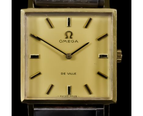 An Omega "De Ville" Manual Wind Wristwatch, 20th Century, the gold coloured square dial with gold baton numerals, 27mm x 27mm