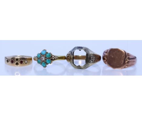 Two Gem Set Rings, both 9ct gold, and two other 9ct gold rings, one set with six small turquoise stones and a small centre di