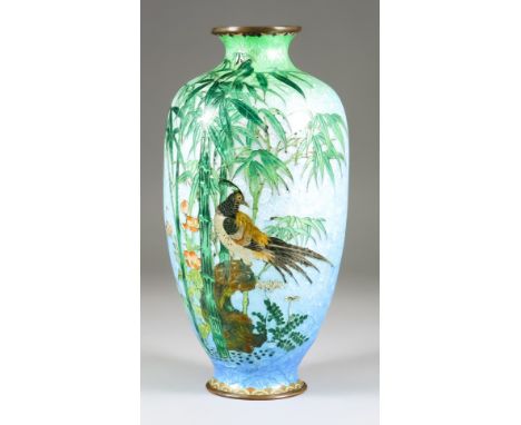 A Japanese Cloisonne Vase of Transparent Enamel, decorated with a pheasant on a rock amongst bamboo, 9.5ins (24.1cm) high