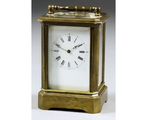A Late 19th/Early 20th Century French Miniature Carriage Timepiece, the white enamel dial with Roman numerals, to the eight d