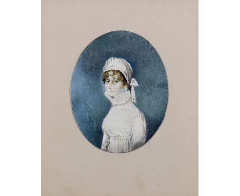 Early 19th Century English School - Miniature shoulder length portrait of a young woman wearing high necked white dress and m