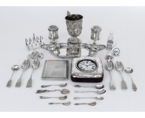 A Victorian Silver Christening Mug, a George V Silver Oval Inkstand, and mixed silverware, the christening mug by Martin Hall