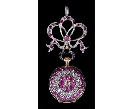 A Lady's Keyless Continental Ruby and Diamond Set Fob Watch or Pendant at Will, 20th Century, the white enamel dial with blue