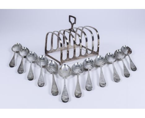 A George V Silver Rectangular Six-Division Toast Rack, a Set of Twelve Edward VII Silver Tea Spoons, and mixed silverware, th