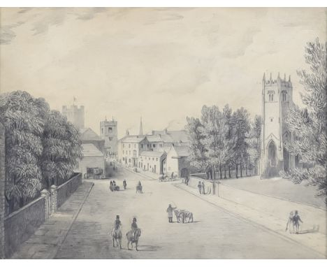 W. R. Robinson (Early 19th Century) - Pencil sketch - Townscape with churches, buildings and figures, possibly Oxford, 6.25in