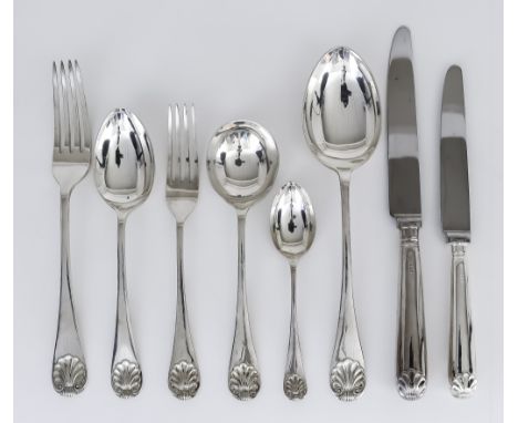 An Elizabeth II Silver Shell Pattern Table Service for Eight Place Settings, by M.D.Q. Sheffield 1970, comprising - four tabl