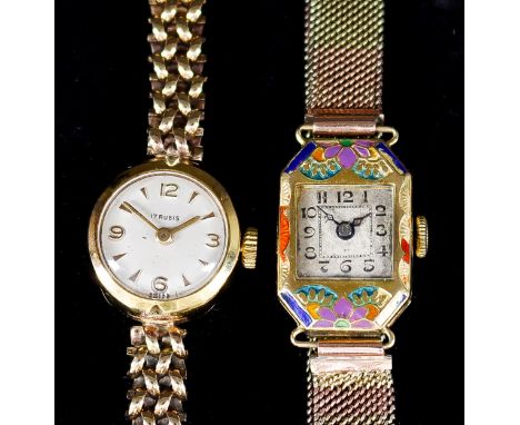 A Lady's Three Colour Gold and Enamel Cocktail Watch, Early 20th Century, 18ct Gold Enamelled Case,  the silver dial with bla