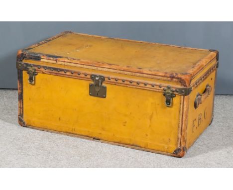 A Good 1920's Louis Vuitton Brown Cloth, Leather Bound and Brass Studded Cabin Trunk, Serial No. 762236, with brass fittings 