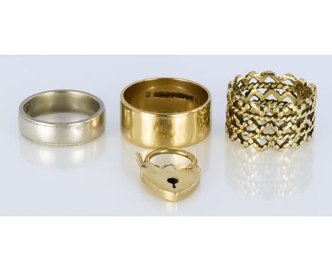 A Mixed Lot of Precious Metals, Modern, comprising - a platinum wedding band, size L, a 9ct gold wedding band, size R, a pier