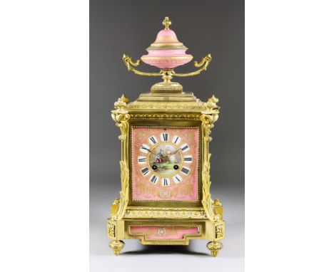 A Late 19th Century French Gilt Brass and Porcelain Mounted Mantel Clock, by Pinchon Fils of Paris, No. 246, the porcelain re