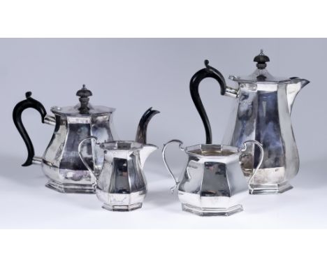 A George V Silver Octagonal Four-Piece Tea Service, by Roberts &amp; Belk Ltd, Sheffield 1918, with baluster shaped panelled 