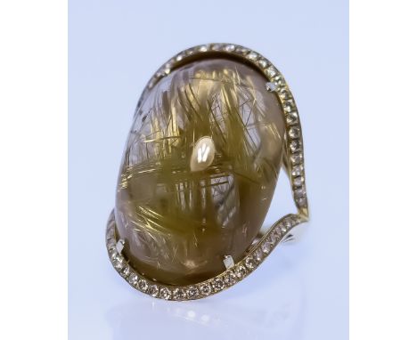 A Large Cabochon Gold Strand Rutilated Quartz Dress Ring, Modern, in 18ct gold mount set with rutilated quartz stone, 29mm x 