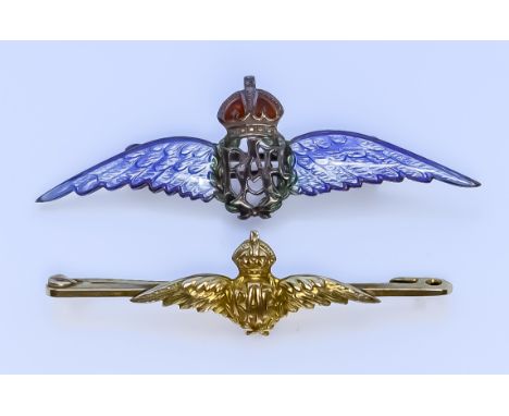 Two RAF Sweetheart Brooches, one in silver mount with enamel decoration, 55mm x 15mm, the other in 9ct gold, 50mm x 15mm, gol