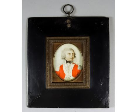 Late 18th/Early 19th Century English School - Oval shoulder length portrait on ivory - Military gentleman wearing red uniform