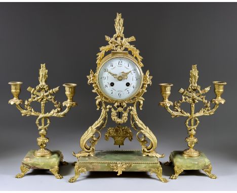 A Late 19th/Early 20th Century French Gilt Metal and Green Onyx Three-Piece Clock Garniture, the clock by Samuel Marti, No. 2