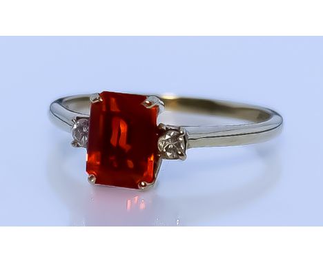 A Solitaire Fire Opal Ring, Modern, in 9ct gold mount, set with centre emerald cut fire opal, approximate weight .50ct, flank