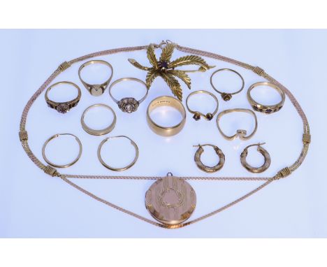 A Mixed Lot of 9ct Gold, comprising - eight gem set lady's rings, sizes R, K, N, N, N, J, M and J, a wedding band, size P, tw