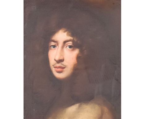17th/18th Century English School - Oil painting - Shoulder length portrait of a 17th Century gentleman wearing a full wig, ca