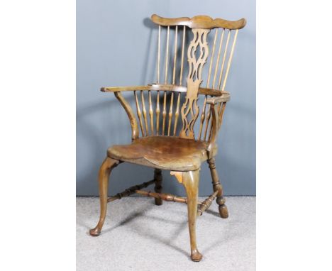 A 19th Century "Thames Valley" Stick Back Windsor Armchair, the two-tier back with shaped cresting and fretted centre splat, 