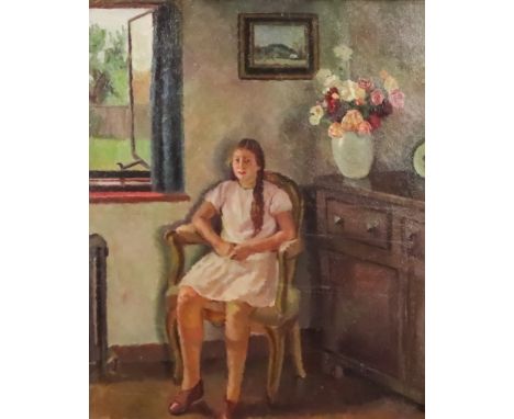 ***Dorothy Hepworth (1894-1978) aka Patricia Preece (1894-1966) - Oil painting - Portrait of young girl seated in armchair at