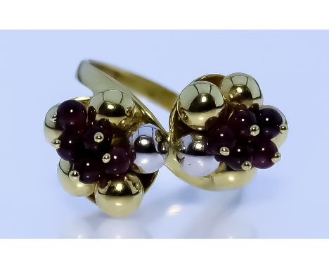 An 18ct Gold Gem Set Ring, Modern, comprising - two clusters bi-coloured gold, each set with five small garnets, size R, tota