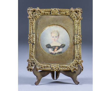 A 19th Century Continental School - Miniature portrait of a young girl holding a guinea pig, 2.5ins diameter, in finely chise