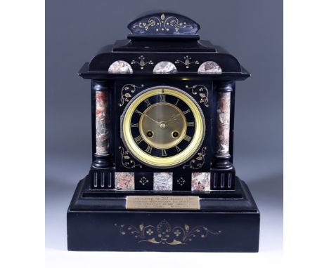 A 19th Century French Black Slate Cased Mantel Clock, by Japy Freres, No. 4305, the 3.75ins diameter black chapter ring with 