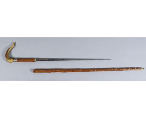 A 19th Century Continental Sword Stick, briar wood scabbard, 19ins bright steel cruciform blade, horn handle with silver ferr