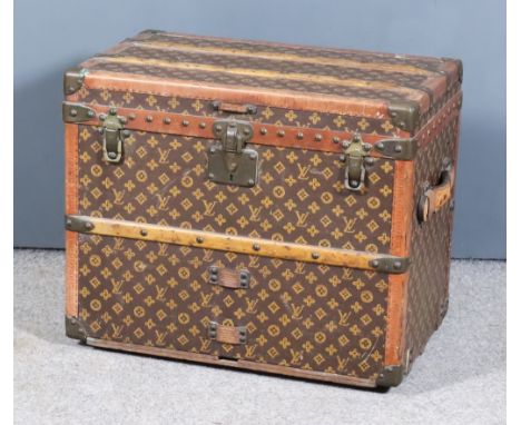 A Good 1920's Louis Vuitton Patterned Cloth, Leather and Brass Bound Small Cabin Trunk, Serial No. 765778, with brass fitting