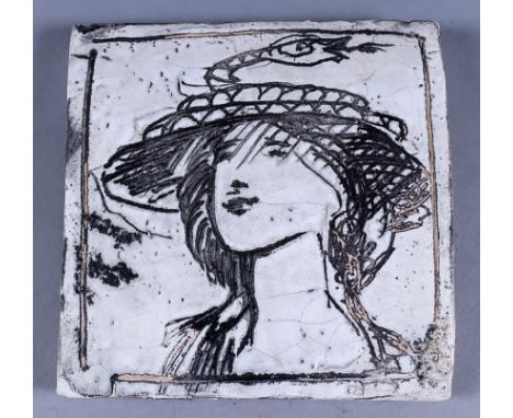 ***Quentin Bell (1910-1996) - Pottery tile decorated in sgraffito with portrait of a young girl, with painted mark, 4.25ins x