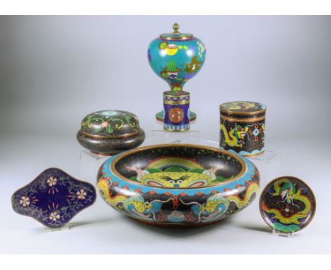 A Small Collection of Chinese Enamel Wares, including - circular box and cover decorated with five claw dragons chasing sacre