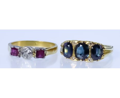 A Three Stone Diamond and Ruby Ring, 20th Century, and a Three Stone Blue Spinel Ring, the diamond and ruby ring in yellow co