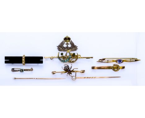 Seven 9ct Gold Gem Set Bar Brooches, 20th Century, and one pearl set stick pin, total gross weight 24.5g