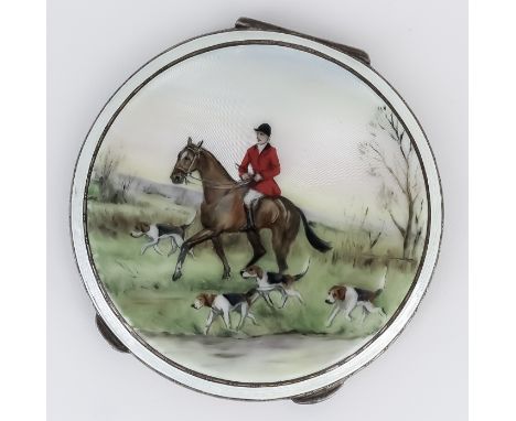 An Elizabeth II Silver and Enamel Circular Compact, by Garrad &amp; Co. Ltd, London 1961, the lid enamelled with hunting scen