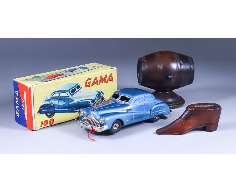 A 1950's German Gama 100 Clockwork Tin Plate Car, in blue finish, 6.5ins overall, and box for same, a Victorian hardwood shoe