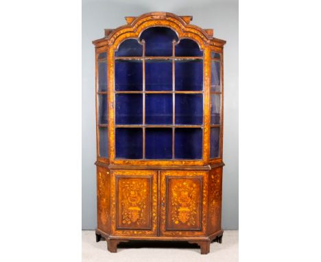 A 19th Century Dutch Walnut and Marquetry Display Cabinet of "18th Century" Design, the whole inlaid with urns of flowers, tr